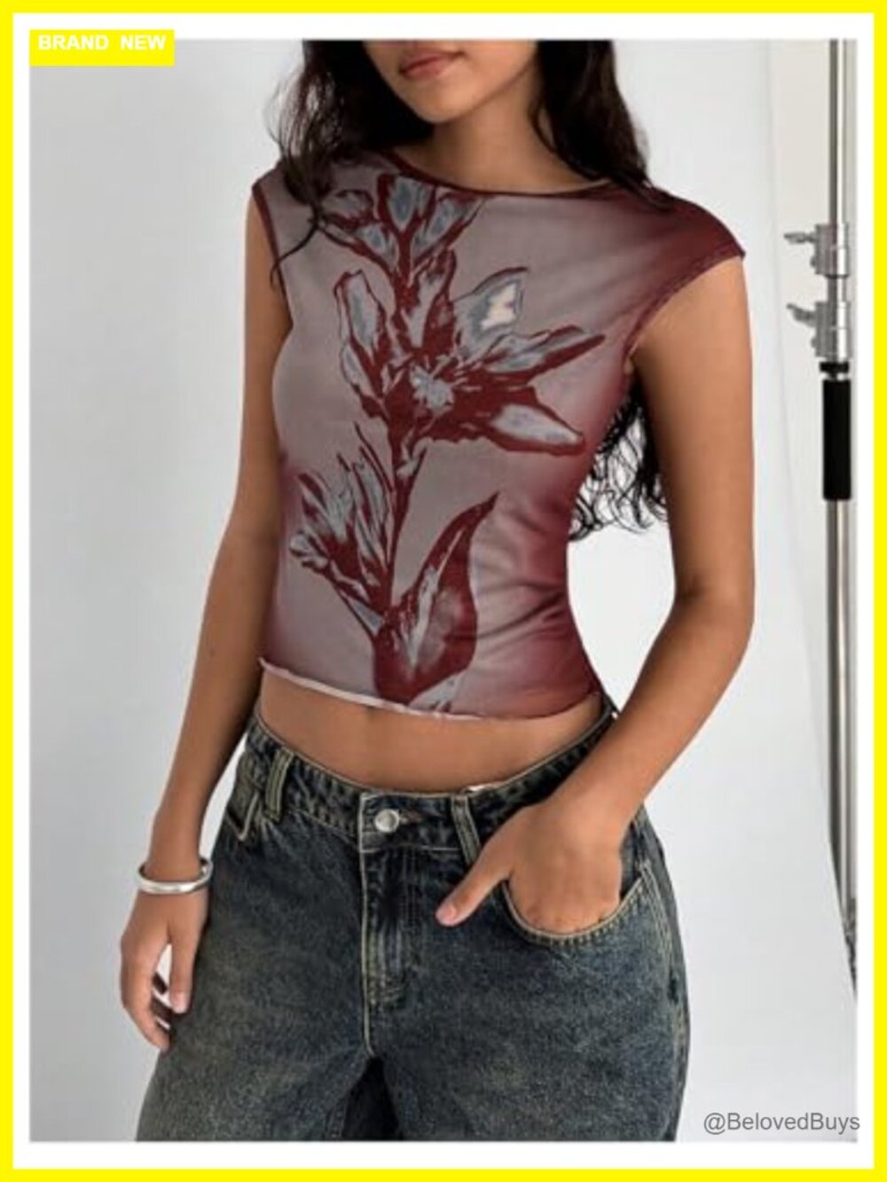 WDIRARA Floral Dolman Cap Sleeve Mesh Tee Top Y2K Going Out - Picture 2 of 6